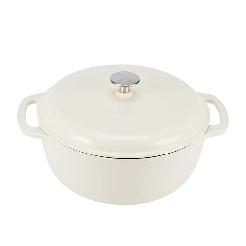 Amazon Basics Cast Iron Dutch Oven Pot with Lid, Enameled, Round, Dual Handles, Heavy-Duty, Medium, 6-Quart, White - Image 1