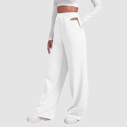Womens Wide Leg Sweatpants Cozy Fleece Boyfriend Casual Jogger Pants Baggy Elastic High Waisted Yoga Pants with Pockets thumbnail 2