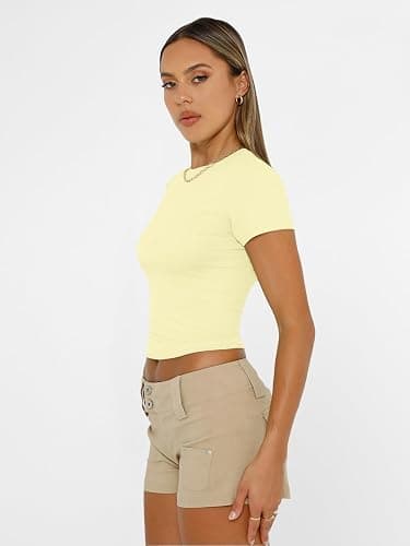 AUTOMET Women's Crew Neck Short Sleeve Basic Stretchy Tight Fitted T-Shirt thumbnail 4
