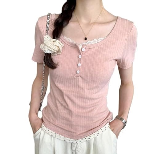 Women Lace Trim Y2K Cute Tshirt Coquette Floral Summer Ribbed Knit Crop Top Fairycore Baby Tees Cottagecore 90s Shirt - Image 1