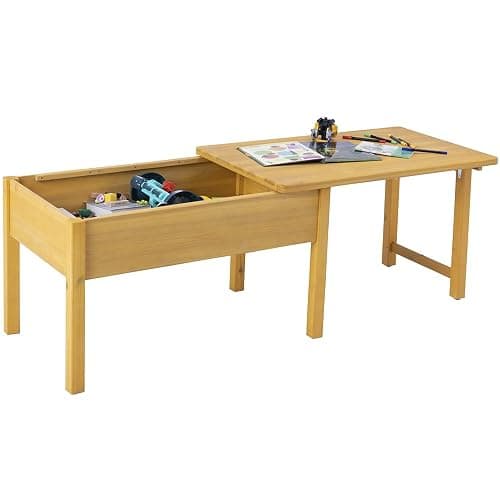 BIRASIL Wooden Kids Sensory Tables with Folding Lid, Activity Table for Children, Elevated Play Tables with Storage for Indoor Outdoor, Yellow thumbnail 8