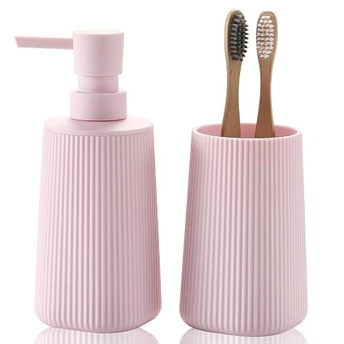 YAUKPH Bathroom Accessories 2 Piece Soap Dispenser and Toothbrush Holder Set Striped Pink - Image 1