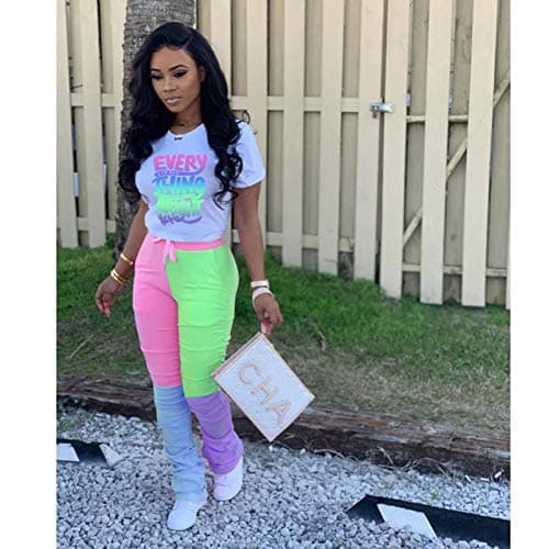 Casual 2 Piece Outfit Sets for Women Color Block Short Sleeve T-Shirts + Stacked Flare Pants Tracksuit Sweatsuit thumbnail 4