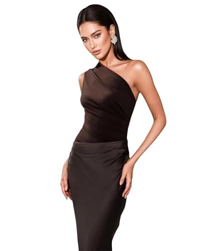 RARITYUS Women’s Elegant One Shoulder Maxi Dress Satin Ruched Bodycon Wedding Guest Dress Flowy Cocktail Evening Dresses thumbnail 4