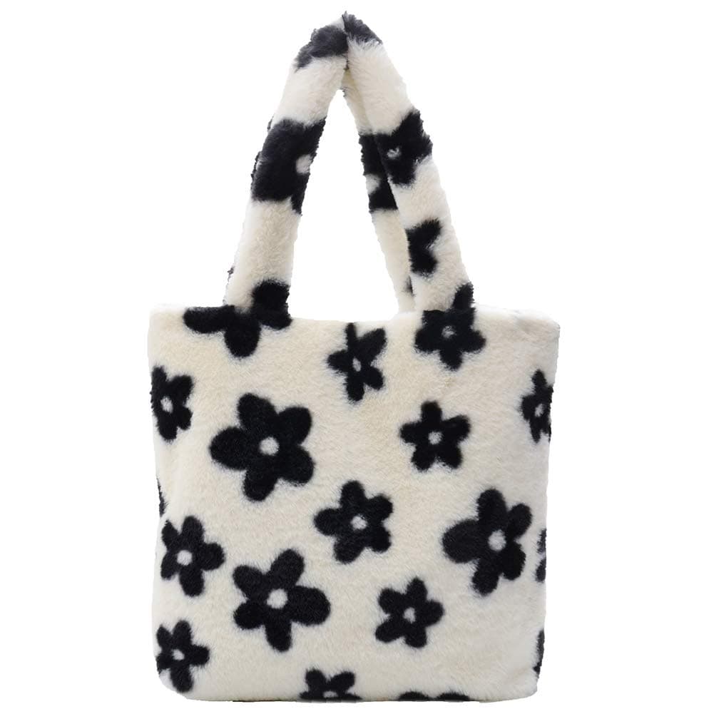 Plush Underarm Bag, Ladies Fluffy Shoulder Bag, Women Furry Flower Tote Bag Y2K Plush Handbag for Autumn and Winter - A01-black Flower