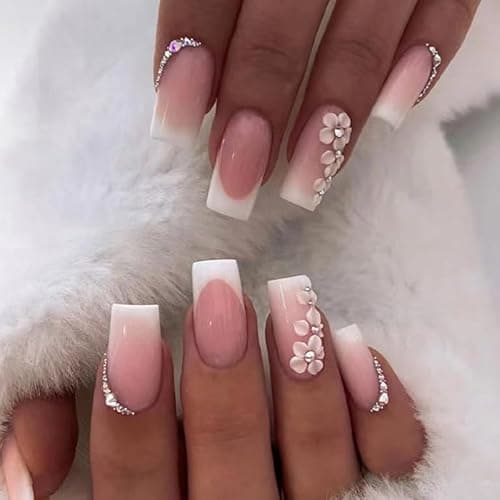 24 Pcs French Tip Square Press on Nails with Rhinestones & Flowers - Glossy Full Cover False Acrylic Nails for Women & Girls - White,Pink
