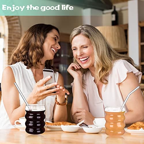 SevenMye 4 Pack Creative Beer Glasses Cups Ripple Shaped Vintage Clear Drinking Glasses with Straws Set Cute Drinking Glasses Coffee Glasses Ribbed Glassware Aesthetic Cups for Kitchen Juice Beverage thumbnail 7