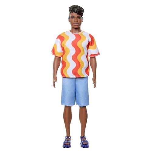 Barbie Fashionistas Ken Doll #220 with Behind-the-Ear Hearing Aids & Broad Body Wearing a Removable Orange Patterned Shirt, Shorts & Jelly Sandals - Image 1