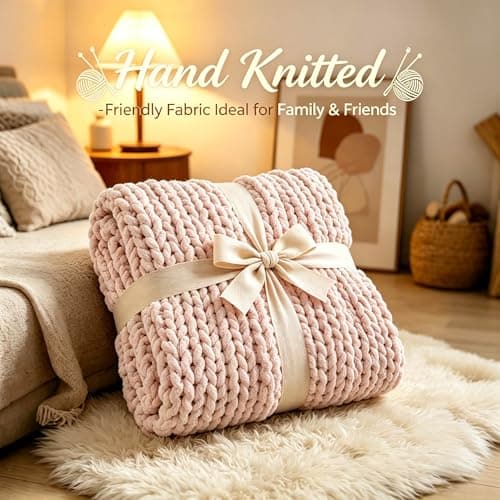 Admitrack Chunky Knit Blanket Throw, 100% Hand Knit Chenille Throw Blanket for Sofa & Home Decor, Soft and Cozy Knitted Throw Blankets (Pink，51"x63") thumbnail 4