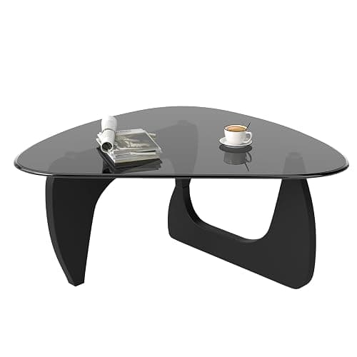 Daluvenix Modern Glass Coffee Table, Triangle Center Table with Tempered Glass Top& Unique Wooden Base, 42.5” Mid Century Tea Tables for Living Room, Apartment, Office,Black & Grey thumbnail 9