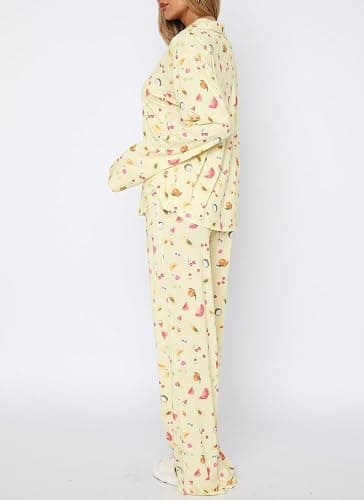 Giraropa Women Fruit Pajamas 2 Piece Pajama Sets Long Sleeve Button Down Shirt Elastic Waist Pants Set Loungewear thumbnail 4