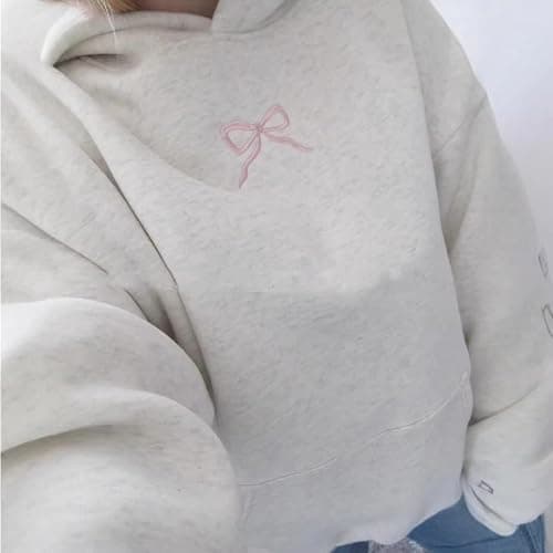 Women Bow Embroidery Hoodie Teen Girls Cute Graphic Hooded Loose Preppy Y2K Long Sleeve Pullover Hoodie Tops - Small - Pink thumbnail 2