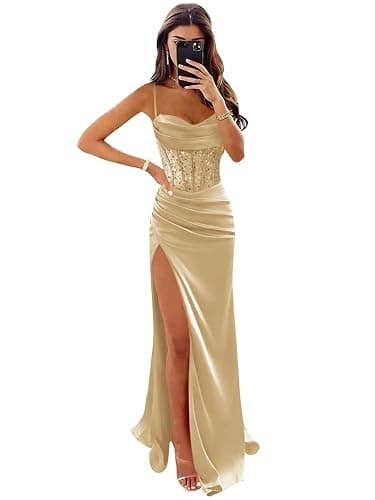 Wchecalino Satin Mermaid Prom Dresses Long 2026 Spaghetti Straps Sparkly Corset Formal Evening Party Gowns with Slit - Image 1
