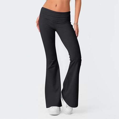chaktkglok Flare Leggings for Women Low Rise Fold Over Flared Yoga Pants Bootcut Leggings Ladies Comfy Workout Pants thumbnail 2