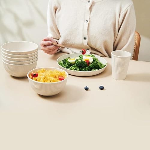 18pcs Wheat Straw Dinnerware Sets HXYPN Unbreakable Reusable Dinnerware Set Kitchen Cups Plates and Bowls Sets Dishwasher Microwave Safe Plates thumbnail 5