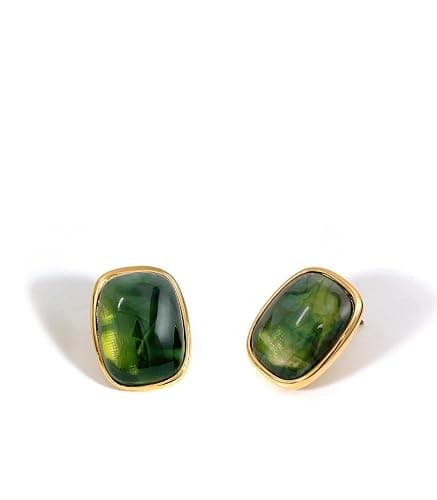 M.DUN- Round Edges Rectangle Shape Studs Earring. Abalone Amber Turquoise Resin Stone Design, 18k Real Gold Plated Bezel, Hypoallergenic Gorgeous Gift for Women - Image 1