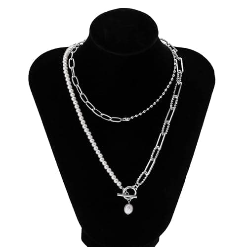 Bethynas Dainty Silver Layered Baroque Pearl OT Clasp Necklace Stacking Beaded Ball Chain Paperclip Pearl Chain Retro Necklace for Women thumbnail 5