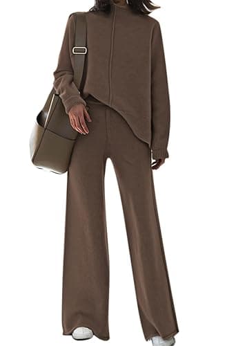 Viottiset Women's 2 Piece Outfits Sweater Set Wide Leg Pants High Neck Sweatsuit Loungewear - Image 1