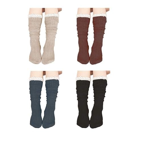 Vpogn 4 Pack Women Cotton Knit Boot Socks Knee High Socks Stockings with Lace Trim (Beige, Dark Grey, Black, Brown) - Image 1