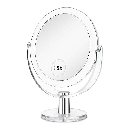 CLSEVXY Vanity Makeup Mirror with Stand, 1X/15X Magnification Double Sided 360 Degree Swivel, Portable Table Desk Counter top Magnifying Mirror, Tabletop Bathroom Shaving Mirror, 6.25 Inch - Image 1
