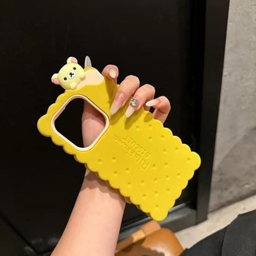 Soft Silicone Case for Apple 3D Cartoon Biscuit Sugar Sandwich Cookie Soda Cracker Snack Food Japanese Teddy Bear Animal Cute Lovely Adorable Kawaii Kids Girls (Yellow, for iPhone 14) thumbnail 3