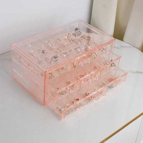 YUFONG Earring Storage Box Organizer 3 Drawers Acrylic Jewelry Storage Box Holder Transparent Jewelry Display Stand with 72 Small Compartments Gift for Women Girls (Clear Pink) thumbnail 2