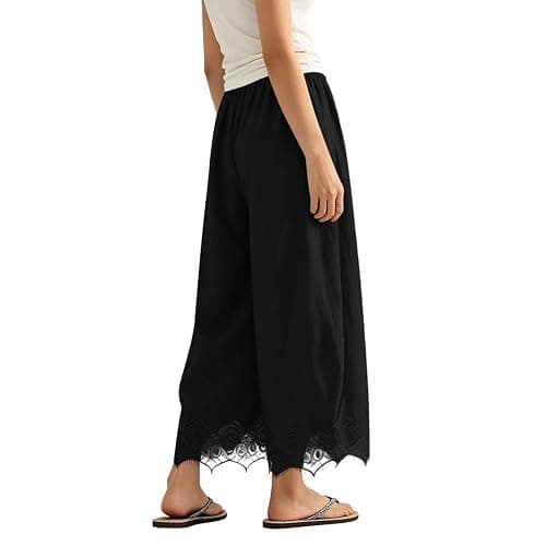 Womens Cropped Lace Trim Pants High Waisted Elastic Drawstring Wide Leg Trousers Casual Flowy Boho Pant with Pockets thumbnail 6