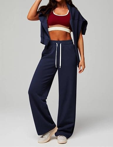 HeSaYep Women's Wide Leg Sweatpants Elastic High Waist Loose Sweat Pants Straight Leg Drawstring Trousers with Pockets thumbnail 3