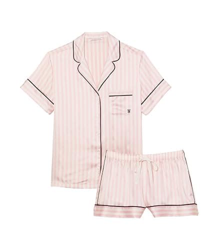 Victoria's Secret Satin Pajama Set, Short Sleeve Button Down Shirt & Shorts, Sleepwear for Women (XS-XXL) - X-Large - Pink Iconic Stripe thumbnail 3