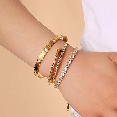 JUNVirtuous 3-Pack Gold Bracelets for Women,18K Gold Plated Bangle Tennis Bracelets Stack Set for Women Trendy Non Tarnish Stainless Steel Gold Bangles Accessories Designer Jewelry Pulseras Para Mujer thumbnail 3