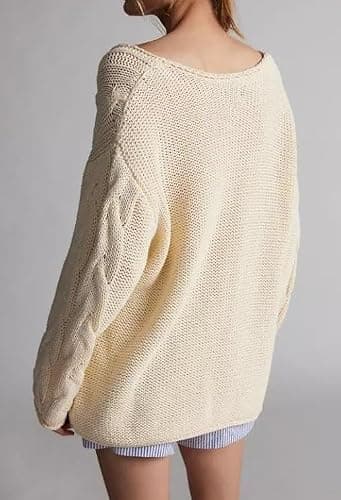Melliflo Womens Oversized Cable Knit Sweater Fall V Neck Chunky Knit Sweater Casual Pullover Sweater Top thumbnail 5