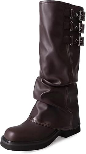 MAVMAX Women Slouchy Knee High Boots Casual Round Toe Pull On Riding Biker Boots Fold Over Chunky Low Heel Platform Boot - Image 1