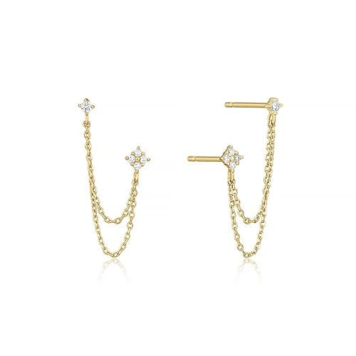 BUAEL 925 Sterling Silver Four Zircons Flower Stud Earrings For Women | Double Studs Chain Tassel Piercing Earring | Gold Plated Double Piercing Dangle Chain Earrings Jewelry Gifts for Women Girls - Image 1