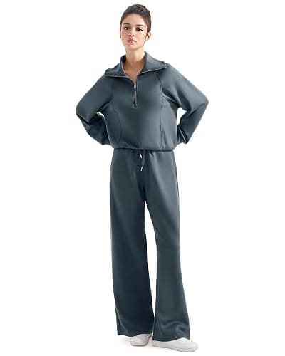 SUUKSESS Women 2 Piece Lounge Matching Set Wide Leg Sweatpant Half Zip Sweatshirt thumbnail 5