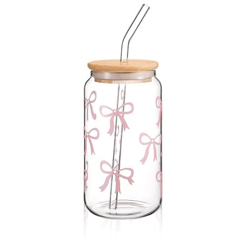 Cosmeria Bow Glasbecher 16 Oz Mit Deckel Und Strohhalm, Elegantes Geschenk Für Beste Freundin, Dekoratives Bow Design, Vielseitiges Trinkglas - Image 1