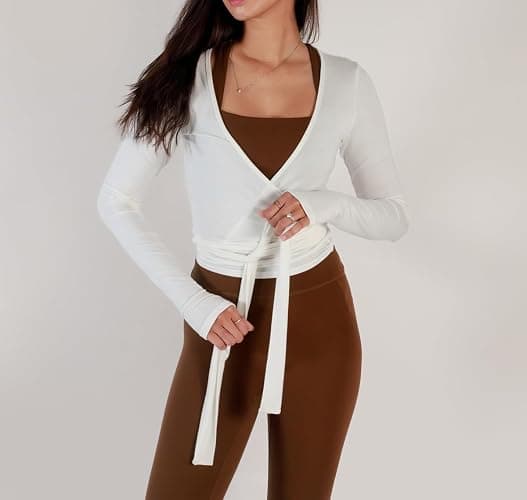 Meihuida Women Wrap Top Long Sleeve Deep V Neck Tie Workout Ballet Pilates Yoga Shirt with Thumb Holes thumbnail 5