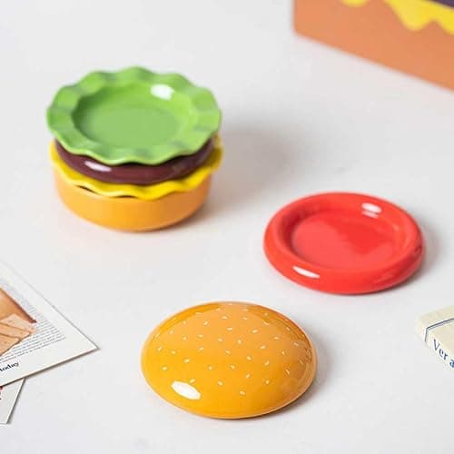 BoniIllusion Cute Hamburger Ceramic Dinnerware Set, 6-Piece Stackable Plates and Bowls Set with Lid, Microwave Safe Dinner Dessert Bowls Plates for Home Party (1-Pcs) thumbnail 5