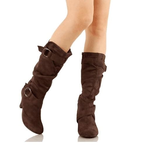Arestory Women's Middle Heel Boots UK Sale Clearance Ladies Belt Buckle Shoes Round Suede Winter Boot Strappy Roman Shoe Comfortable Wedge Footwear Elegant Warm Boots thumbnail 3