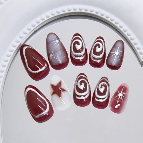 MouyouGlow Press on Nails Kurz,Almond Dunkel Rot Burgundy 3D Silber Kreis Chrome Sterne Mandel Design Fake Nails,Dark Wine Red Silver Wellenlinie Sommer Künstliche Fingernägel thumbnail 4