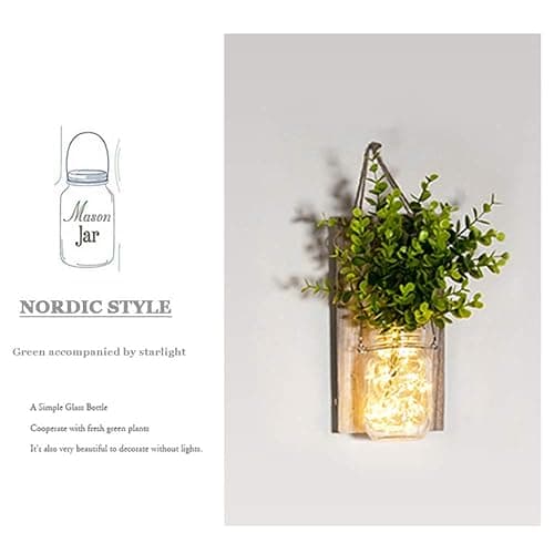 Rustic Wall Sconces, Mason Jar Sconces, Farmhouse Home Decor, LED Fairy Lights, Green Fake Plant, Interior Decoration Warm Toned Lighting. (2 Pack) thumbnail 2