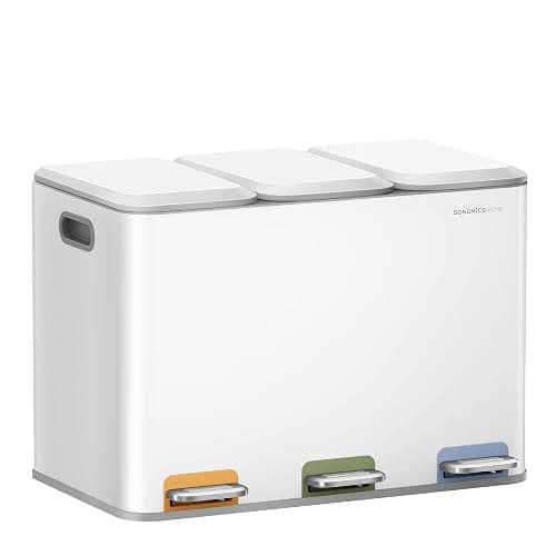 SONGMICS HOME Mülleimer Küche, 3 x 15 L Fächer, Abfalleimer mit farbcodierbaren Pedalen, Mülltrennsystem, mit Deckeln und Inneneimern, Stahl, wolkenweiß LTB740W02V1 - Image 1