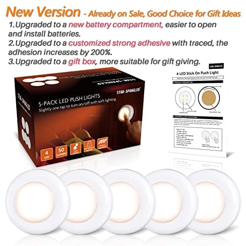 STAR-SPANGLED Push Tap Light, Mini Night Touch LED Puck Lamp, Portable Under Cabinet Lighting AAA Battery Operated Powered, DIY Stick On Lights for Closet, Counter, Kitchen (7cm, Warm White, 5 Pack) thumbnail 6