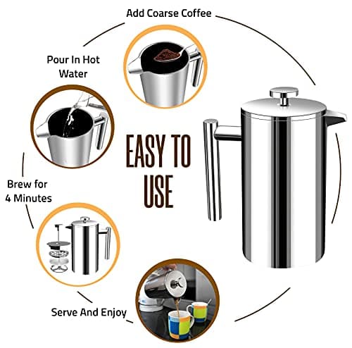 Utopia Kitchen 304 Grade Stainless Steel French Press Coffee Maker 34 Oz, Double Wall Insulated Coffee Press with 4-Level Filtration System, Include 2 Extra Filters, Rust-Free, Dishwasher Safe, Silver thumbnail 3