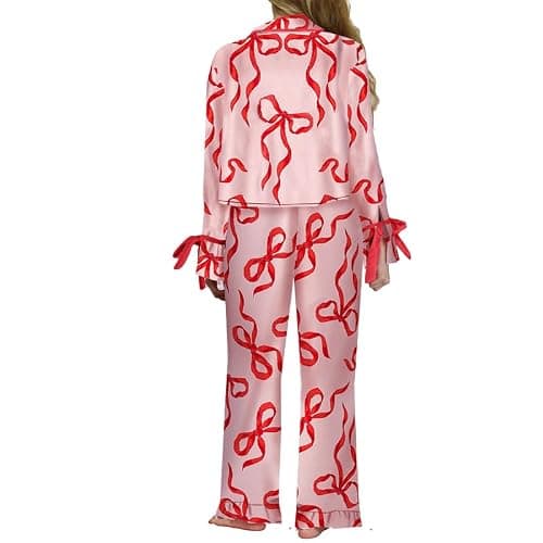 KMBANGI Women Santa Bow Tie Pajama Set Christmas Long Sleeve Shirt Pants Pj Silky Satin Graphic 2Piece Holiday Sleepwear thumbnail 2