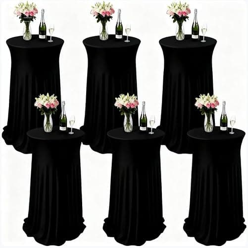 Lakluse 6 Pcs Black Spandex Stretch Round Cocktail Table Skirt, 32x43 Inch High Top Table Covers, Fitted Table Cloths for Wedding, Bar, Banquet, Party Decor & Event Supplies - Image 1