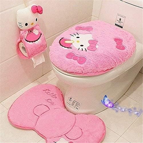 GVTTX Bath mat Cute Cartoon Pink 4 PCS Bathroom Set Toilet Cover WC Non Slip Bath Mat - Toilet Contour Rug Closestool Lid Cover, Seat Cushion,Tissue Box Set (Pink). thumbnail 2