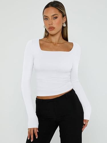 Trendy Queen Womens Long Sleeve Shirts Square Neck Going Out Crop Tops Fashion Y2k Workout Clothes Fall Outfits 2025 thumbnail 2