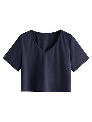 SweatyRocks Women's Casual V Neck Short Sleeve Soild Basic Crop Top T-Shirt - Image 1