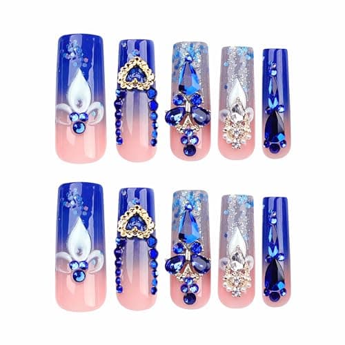 BABALAL Long Square Press on Nails - Blue Fake Nails, Luxury 3D Butterfly Gold Heart Charm Bling Design Full Cover Acrylic Nails Squoval Set 24Pcs thumbnail 2