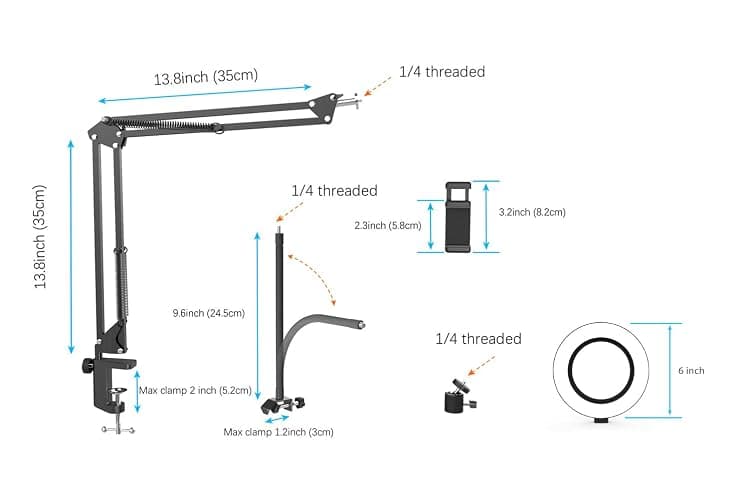 Overhead Camera Mount with Ring Light, Flexible Articulating Phone Arm Stand Compatible with iPhone, Logitech Webcam, Desk Tripod for YouTube Live Stream Cooking Nail Video Recording thumbnail 6